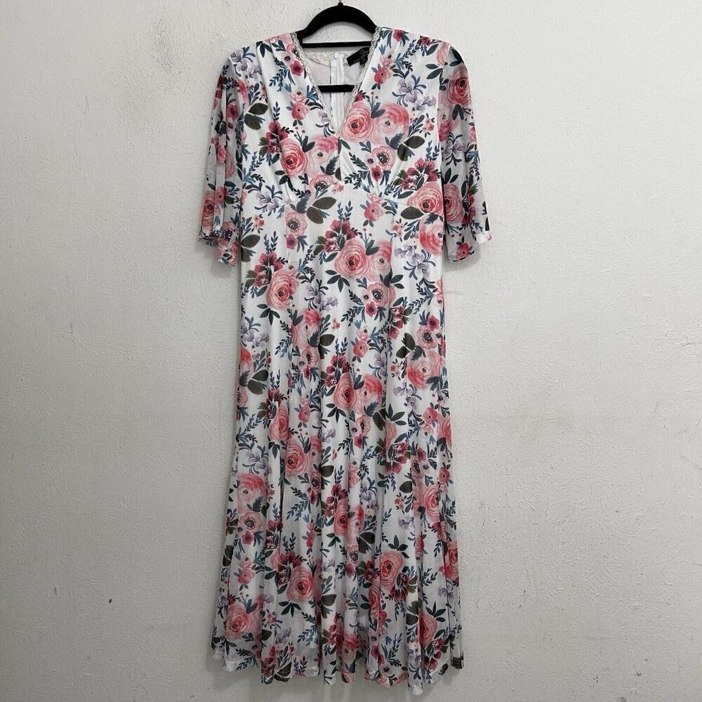 Suzanne Betro White Pink Floral Maxi Dress Empire Waist Lined Short Sleeves Sz M